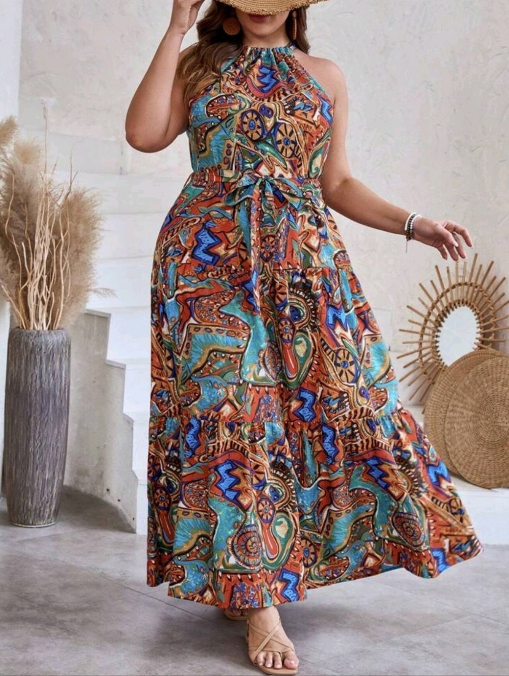 SHEIN Allover Print Ruffle Hem Belted Halter Summer Dress - Picture 3 of 4